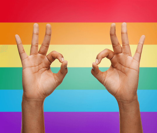 Two hands making the "ok" sign with a rainbow flag in the background